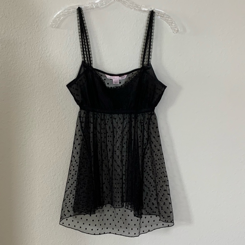 Victoria's Secret Black Sheer Swiss Dot Polka Dot Camisole Babydoll Gown size M